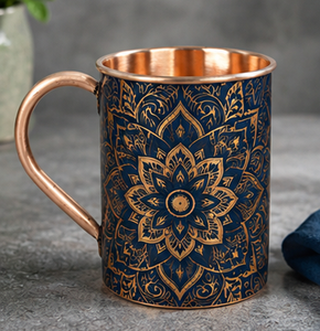 Taza de cobre con diseño de mandala azul marino y dorado, estilo bohemio, con asa, para el hogar, ecológica, de lujo, aislada, color azul marino oscuro - Product Image 1