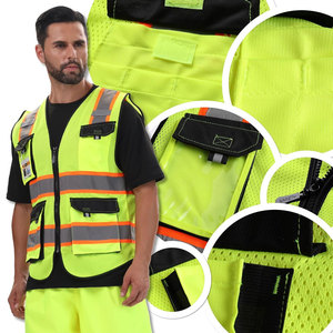 Chaleco de seguridad reflectante de alta visibilidad, malla unisex con bolsillos, cierre de cremallera, rayas amarillas, naranjas y grises, ropa de trabajo - Product Image 6