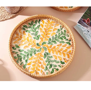 Meilleur prix pour un ensemble de plateaux de service décoratifs en rotin avec incrustations de nacre pour la décoration de la maison, table basse, Ramadan, avec fournisseur en gros - Product Image 3