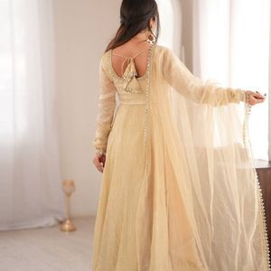 omens Fully Stitched Doremon Crush Gown Set with Real Mirror Work Lace Border Butterfly Net Dupatta Heavy Micro Cotton Pant Read - Product Image 1