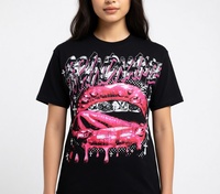 T-shirt tricoté oversize à imprimé lèvres roses effet goutte personnalisé, style streetwear urbain, 100 % coton, manches courtes, haut tendance été