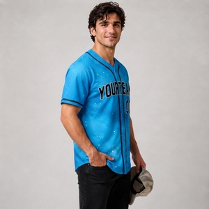 Maillot de baseball personnalisé pour homme, bleu, col en V, manches courtes, impression sublimée, évacuation de l'humidité, coupe classique, nom de l'équipe 00, logo avant - Product Image 2