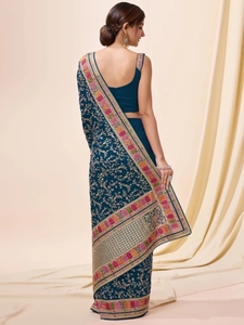 Sari de Mezcla de Seda Bordado Estilo Bollywood KV (Azul) - Product Image 5
