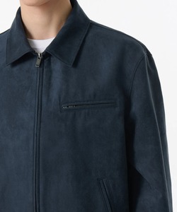 Men's Navy <b>Suede</b> Racer <b>Jacket</b> Turn-down Collar Zipper Closure Regular Fit Autumn Wear Minimalist Style - Product Image 3
