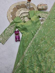 Green Embroidered Silk Anarkali Suit With Dupatta Floor-Length Traditional Indian Pakistani Women's Wedding Wear for Womens - Product Image 4