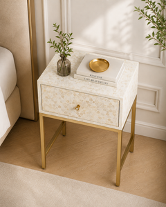 White Bone Inlay Nightstand Gold Metal Legs Accent <b>Side</b> Table Antique <b>Drawer</b> Bedside Cabinet for Bedroom Hotel - Product Image 3
