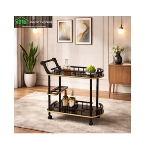 Carrito de Cócteles de Madera Negra Premium, Carrito de Bebidas Estilo Vintage con Estantes y Ruedas con Acabado Brillante - Product Image 2