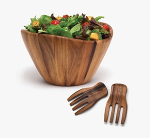 Bol à salade rond en bois avec fourchettes de service, design minimaliste fait main pour les fêtes et la maison - Product Image 1