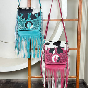 Custom Handcrafted Western Fringe Crossbody Bag Hand Toold Genuine Leather <b>Hair</b>-On-Hide Cowhide Purse with Cactus Cutout Design - Product Image 5