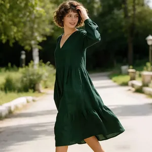 Women dark green midi <b>dress</b> V neck <b>long</b> sleeve <b>boho</b> style flowy loose fit tiered casual summer autumn <b>dress</b> - Product Image 1