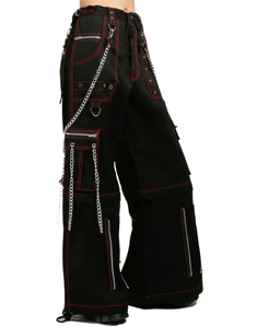 Pantalon cargo gothique punk unisexe personnalisé, noir et rouge, avec surpiqûres contrastées, sangles cloutées, chaînes, épingles de sécurité, taille élastique, 100% coton - Product Image 4