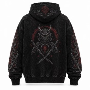 Sweat à capuche oversize noir en coton délavé de qualité supérieure avec imprimé démon Oni et motif épée de samouraï, streetwear, pull pour homme, vêtements d'hiver - Product Image 2