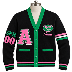 Cardigan en tricot à col en V rose et blanc Alpha de la sororité grecque, style preppy, manches longues, broderie chenille avec lettres, pour femmes - Product Image 4
