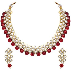 Gold Plated Alloy Necklace Earrings <b>Set</b> with Red Kundan Geometric Design <b>for</b> <b>Women</b> <b>Wedding</b> Party Classic Jewelry - Product Image 4