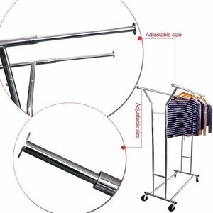 Appendiabiti Moderno in Acciaio Argentato a Doppia Barra Portatile per Interni, Balcone, Soggiorno, Negozio di Abbigliamento, con Grucce in Plastica - Product Image 3