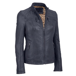 Veste de motard classique noire pour femme en cuir véritable, col montant, manches longues, fermeture éclair, couleur unie, veste de motard d'hiver - Product Image 6