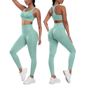 Women Mint Green Seamless Yoga Set Sports Bra High Waist <b>Leggings</b> 3 Piece Full Length <b>Ruched</b> Design Four-Way Stretch - Product Image 1