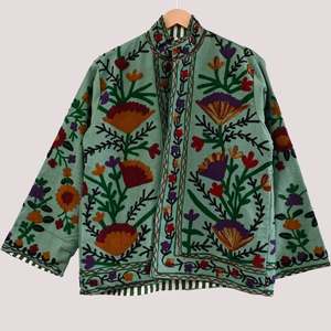 Turquoise Hand Embroidered Floral <b>Jacket</b> <b>Mandarin</b> <b>Collar</b> Full Sleeve Cotton Prairie Chic Spring Style Open Stitch - Product Image 4