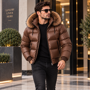 Men's Breathable Plaid Pattern Puffer Jacket Hooded Leather | Giacca Trapuntata Uomo | Chaqueta Acolchada | Veste <b>Matelasse</b> | - Product Image 3