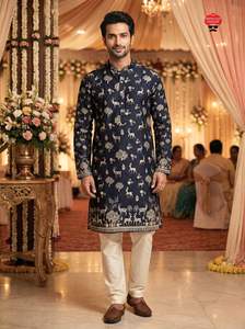 Vêtements ethniques indiens pour occasions spéciales et fêtes, Kurta en rayonne avec ensemble pyjama en coton Raymond, Kurta à prix bas pour mariages et festivals - Product Image 2