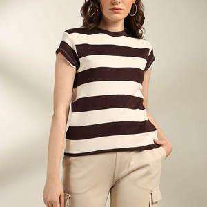T-shirt à rayures marron et blanches pour femmes, coupe régulière, décontracté, doux, respirant, à la mode, pour l'été - Product Image 1