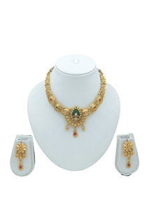 Parure de bijoux ethniques Divyoro en alliage de cuivre plaqué or 24 carats avec pendentif goutte d'émeraude classique pour femme (collier et boucles d'oreilles) - Product Image 2