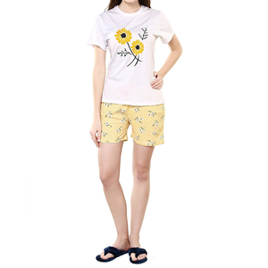 Women <b>2</b> <b>Piece</b> Summer <b>Set</b> <b>White</b> Crew Neck Short Sleeve Yellow Floral Print And Checkered Shorts Regular Fit Women Summer Wear - Product Image 1