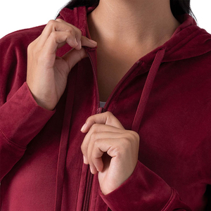 Survêtement à capuche bordeaux pour femme, fermeture éclair intégrale, couleur unie, spandex, polyester, décontracté, pour l'automne, coupe classique, poches latérales - Product Image 4