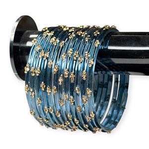 Glossy Emerald Cut Raindrop Blue Glass Kasmiri <b>Bangles</b> with Gold Plated Accents Lightweight Wedding Set for Festive Wear - Product Image 1