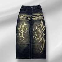 Erkek Dar Kesim Orta Bel Düz Vintage Kot Pantolon Eskitme Efektli Düğme Kapamalı Perçinli Düz Taşlanmış Paisley Hip Hop Sprey Baskılı