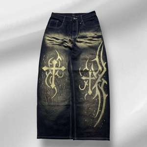 Straight Vintage Cotton Men's Jeans Distressed High-Waist Button-Closure Vintage Washed Baggy Straight <b>Flared</b> Spray on Embroider - Product Image 1