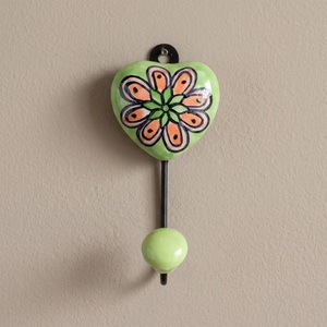 Hand Painted Ceramic Heart Wall Hook Green Flower Design Rustic Style Single Hook Adjustable Eco-Friendly Waterproof - Product Image 5