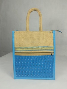 Eco Friendly Jute Canvas <b>Tote</b> <b>Shopping</b> <b>Bag</b> Zipper Front Pocket Decorative Woven Pattern Reusable Natural Jute Wedding Rope - Product Image 1