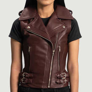 Chaleco de cuero para mujer, color granate, informal, sin mangas, con cuello en V, cremallera, secado rápido, con bolsillos, top de otoño, chaleco de motociclista de moda, superventas, prenda exterior - Product Image 4