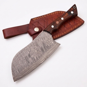 Couteau de cuisine artisanal en acier Damas, couteau de boucher à lame fixe, manche en bois, étui en cuir, vente en gros, directement de l'usine - Product Image 1