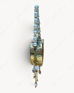 Handmade Gold Metal Crescent <b>Clutch</b> <b>Bag</b> Embossed Floral Design Pearl Handle Chain Tassels Antique Minaudiere Women Wholesale - Product Image 5