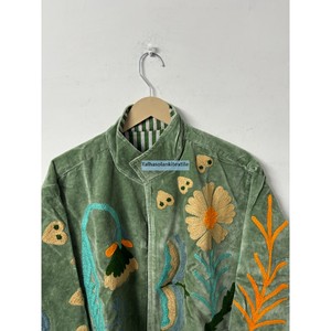 Handmade Floral Embroidered <b>Velvet</b> Blouson <b>Women</b> Mandarin Collar Full Sleeve <b>Coat</b> Handmade Embroidery Design For Winter Jacket - Product Image 4