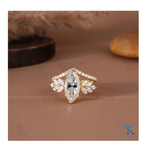 Elegante conjunto nupcial de oro amarillo con diseño botánico, corte marquesa, racimo de hojas y anillo apilable con banda de espiga a juego para mujer - Product Image 2