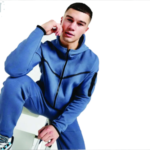 2024 <b>Men's</b> High Quality Blue Custom Logo Cotton Hoodie and Sweat <b>Pants</b> Set Two-Piece <b>Loungewear</b> with Heavyweight Zipper Outfits - Product Image 5