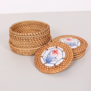 New Styles Rattan <b>Plate</b> Holders Cup Coasters Wicker Charger <b>Plates</b> with Ceramic Pad Made in Vietnam - Product Image 1