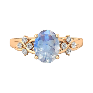 Joyería minimalista, piedra lunar de arcoíris preciosa y diamantes blancos reales, anillo solitario de Halo en oro sólido de 18K, lujosos anillos nupciales - Product Image 1