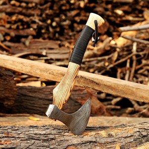 Nordic Forge Hand Forged Damascus Steel Camping <b>Axe</b> Ash Wood <b>Handle</b> Leather Sheath Industrial Grade Custom OEM 6.5" Bearded Head - Product Image 6