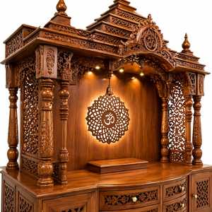 Premium Eco-Friendly Solid Teakwood Pooja Mandir Hand Carved <b>Temple</b> for <b>Home</b> Large Prayer Unit Storage Drawers LED Lighting - Product Image 5
