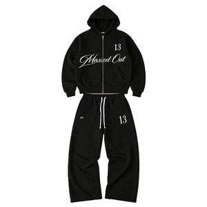 Conjuntos de Sudadera con Capucha y Pantalones Deportivos Negros con Estampado Gráfico, Ropa Deportiva de Felpa Oversize, Chándal con Logotipo Personalizado, Fabricante OEM ODM - Product Image 3