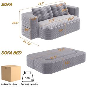 Canapé-lit pliable moderne 2-en-1 de 78,7 pouces avec tissu en velours côtelé moelleux, convertible confortable avec 2 oreillers doux et une couverture fonctionnelle - Product Image 2