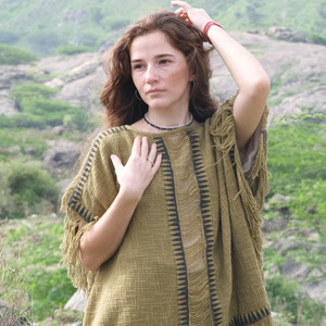 Handwoven Cream Cotton <b>Poncho</b> Kaftan Top with Olive Green Geometric Embroidery & Distressed Fringe Trim - Product Image 2