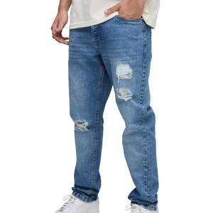 กางเกงยีนส์ขาดสไตล์วินเทจสีฟ้าอ่อนทรงตรงเข้ารูปกระดุมแบบยุโรปและอเมริกาสำหรับผู้ชาย / กางเกงคุณภาพสูงแบบซักพิเศษ - Product Image 1