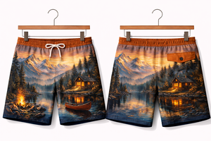 Shorts de Baño para Hombre Mountain Lake – Estampado de Fogata en la Cabaña, Secado Rápido - Product Image 2