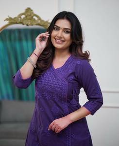 Women's Purple Cotton <b>Chikankari</b> Embroidery A-Line Kurti with Pant Regular Fit Knee Length Casual Wear <b>Suit</b> Set - Product Image 4