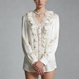 Oferta especial en Temu |   Blusa de Mujer Estilo Vintage con Volantes y Encaje, Manga Larga, Cuello en V, Botones, Camisa Informal para Oficina - Product Image 1